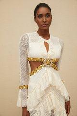 Leona Maxi Dress - Keyhole Neck - Lace Ruffles - Long Sleeves - Front Slit