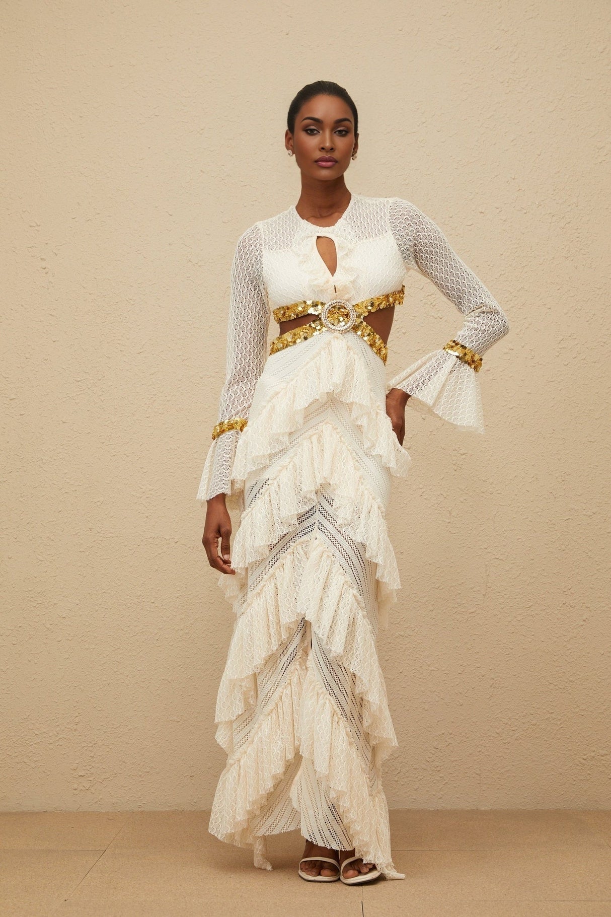 Leona Maxi Dress - Keyhole Neck - Lace Ruffles - Long Sleeves - Front Slit