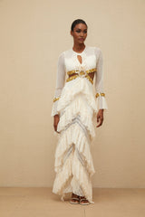 Leona Maxi Dress - Keyhole Neck - Lace Ruffles - Long Sleeves - Front Slit