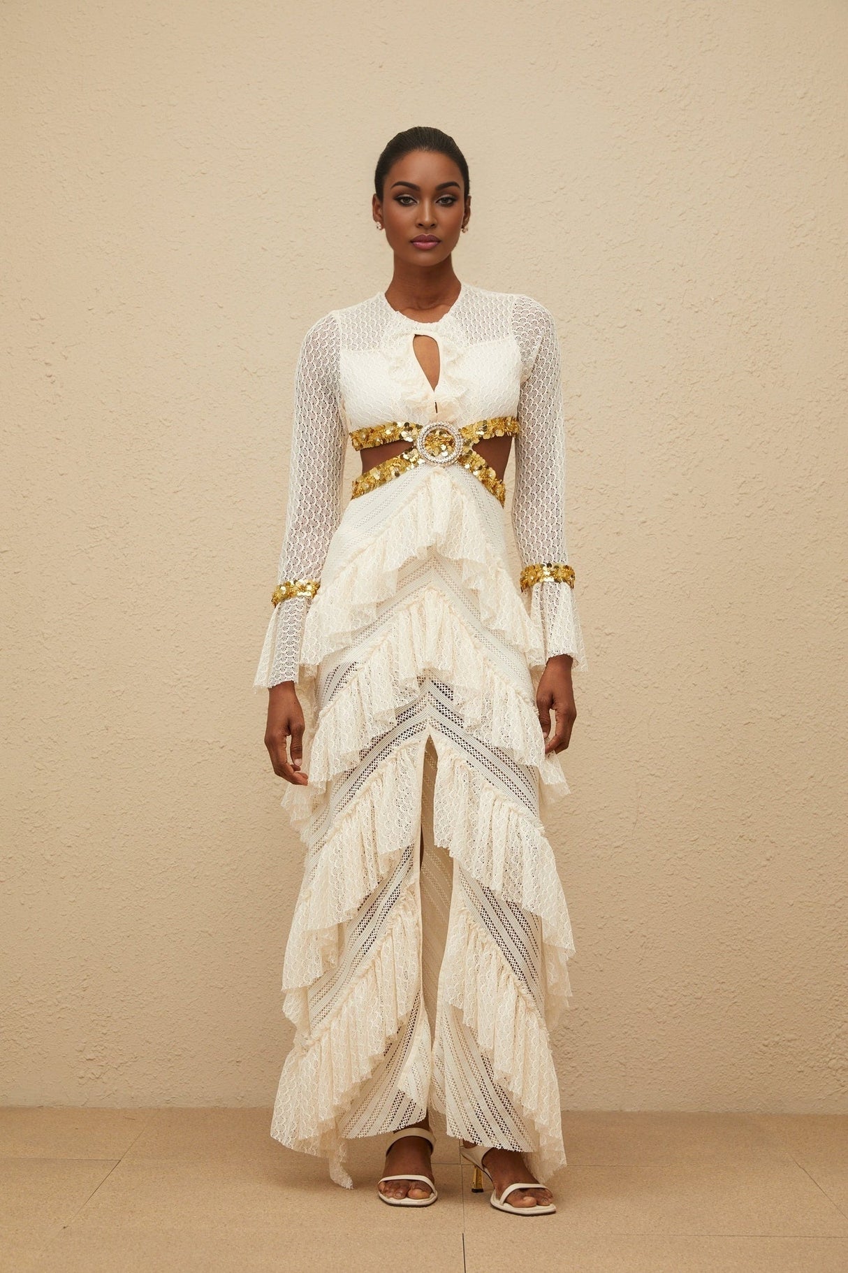 Leona Maxi Dress - Keyhole Neck - Lace Ruffles - Long Sleeves - Front Slit