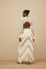 Leona Maxi Dress - Keyhole Neck - Lace Ruffles - Long Sleeves - Front Slit