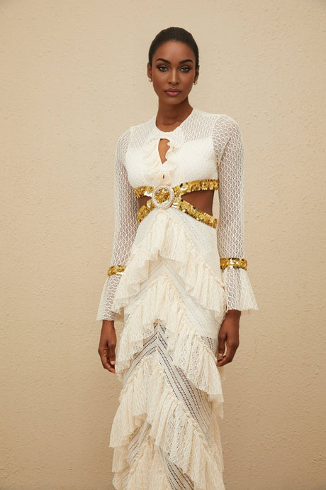 Leona Maxi Dress - Keyhole Neck - Lace Ruffles - Long Sleeves - Front Slit