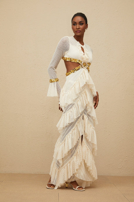 Leona Maxi Dress - Keyhole Neck - Lace Ruffles - Long Sleeves - Front Slit