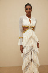 Leona Maxi Dress - Keyhole Neck - Lace Ruffles - Long Sleeves - Front Slit