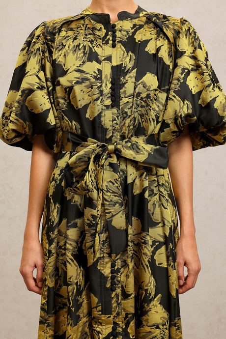Leslie Black Floral Maxi Dress with Puff Sleeves and Tiered Skirt