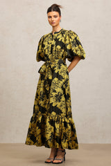 Leslie Black Floral Maxi Dress Puff Sleeve Cinched Waist Button Front Tiered Skirt Tie Belt Elegant Bold Special Occasion