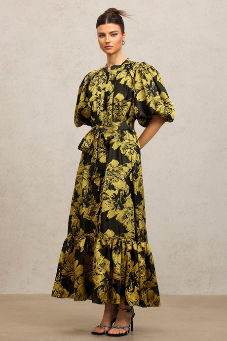 Leslie Black Floral Maxi Dress Puff Sleeve Cinched Waist Button Front Tiered Skirt Tie Belt Elegant Bold Special Occasion