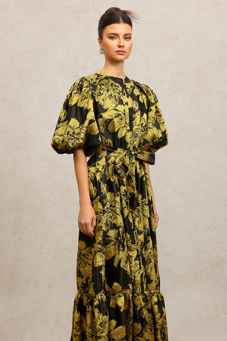 Leslie Black Floral Maxi Dress Puff Sleeves Button Front Tiered Skirt