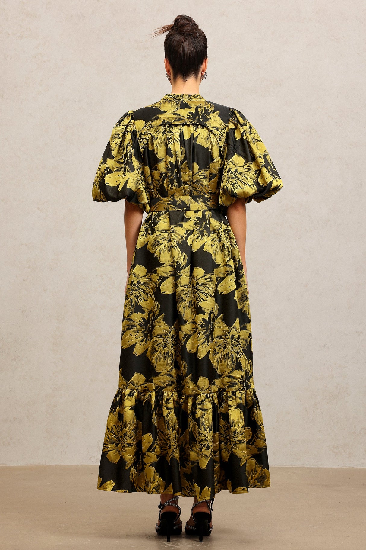Leslie Black Floral Maxi Dress Puff Sleeves Cinched Waist Buttoned Front Tiered Skirt Tie Belt Elegant Bold Special Occasion Glamour