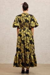 Leslie Black Floral Maxi Dress Puff Sleeves Cinched Waist Buttoned Front Tiered Skirt Tie Belt Elegant Bold Special Occasion Glamour
