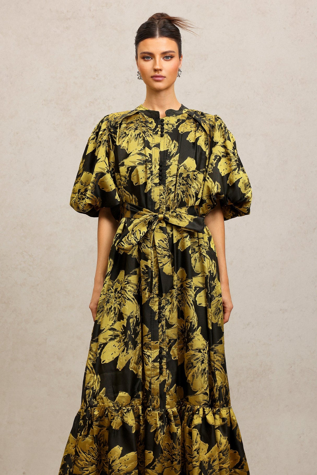Leslie Black Floral Print Maxi Dress with Puff Sleeves and Tiered Skirt