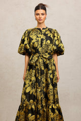Leslie Black Floral Print Maxi Dress with Puff Sleeves and Tiered Skirt