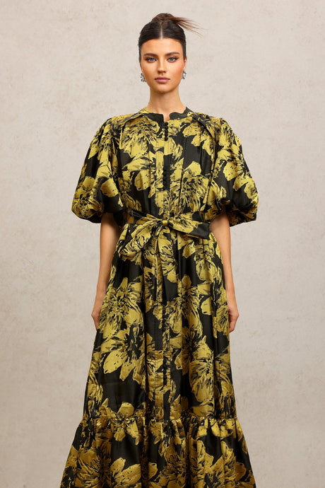 Leslie Black Floral Print Maxi Dress with Puff Sleeves and Tiered Skirt