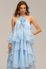 Leslie Blue Ruffled Maxi Dress with Flower Detailing
