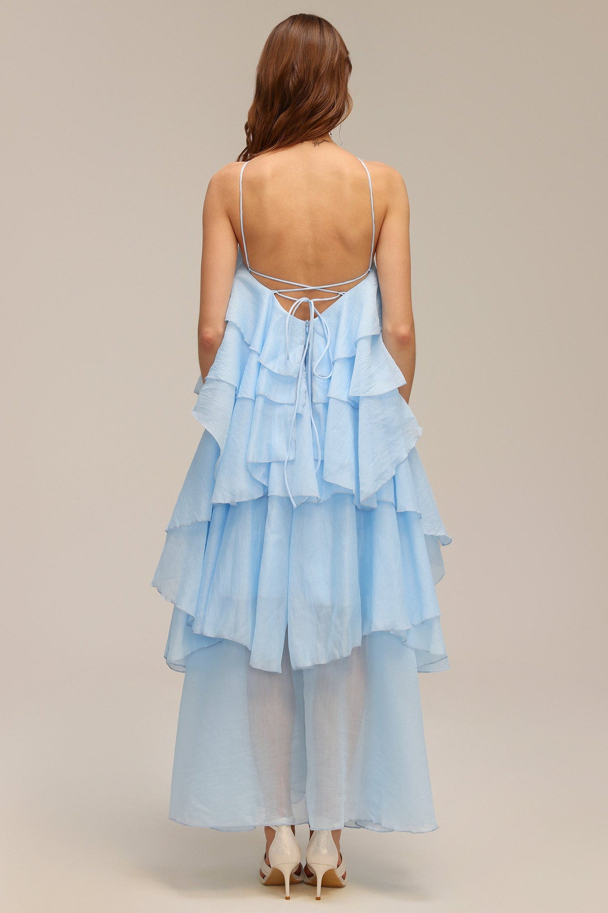 Leslie Blue Ruffled Maxi Dress with Flower Detailing