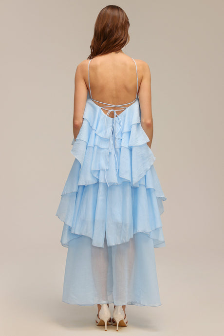 Leslie Blue Ruffled Maxi Dress with Flower Detailing