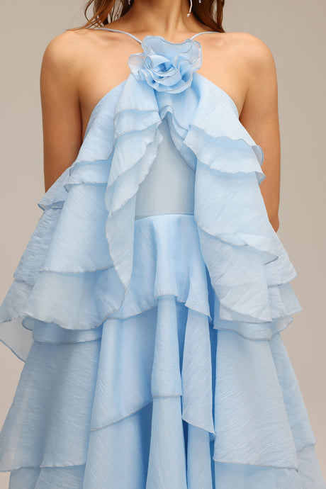 Leslie Blue Ruffled Maxi Dress with Flower Detailing for Women