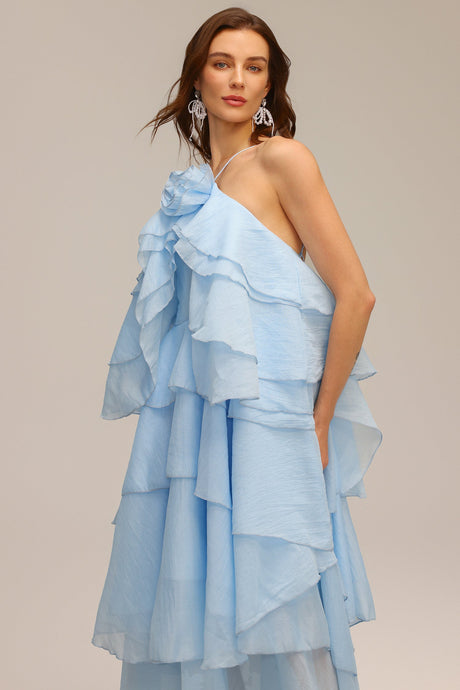 Leslie Blue Ruffled Maxi Dress with Flower Detailing