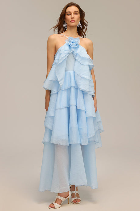 Leslie Blue Ruffled Maxi Dress with Flower Detailing and Layered Structure