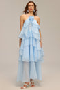 Leslie Blue Ruffled Maxi Dress with Flower Detailing and Layered Structure