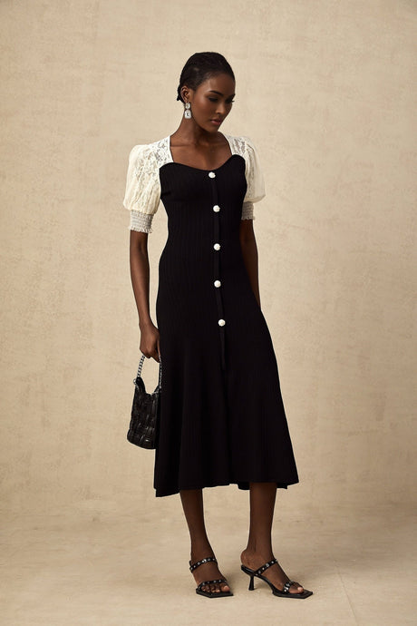 Leslie Midi Dress Sweetheart Neck Lace Panelled Puff Sleeves