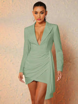 Leslie Mini Dress - Lapel Neckline - Regular Sleeve - Asymmetrical Hem - High Waist - Fitted Style