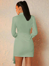 Leslie Mini Dress - Lapel Neckline - Regular Sleeve - Asymmetrical Hem - High Waist - Fitted Style