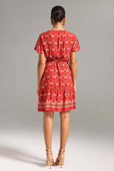 Leslie Red Floral Print V-Neck Dress with Flutter Sleeves and Tie Waist