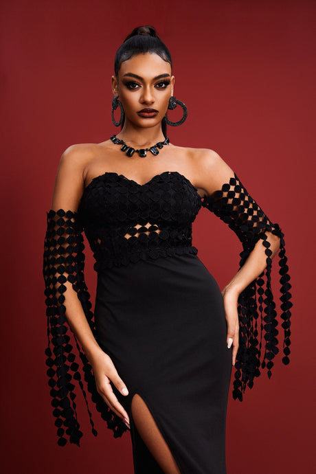 Lesly Black Strapless Maxi Dress with Sweetheart Neckline and Thigh-High Slit
