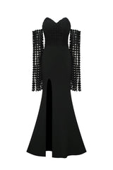 Lesly Black Strapless Maxi Dress with Thigh-High Slit and Embellishments