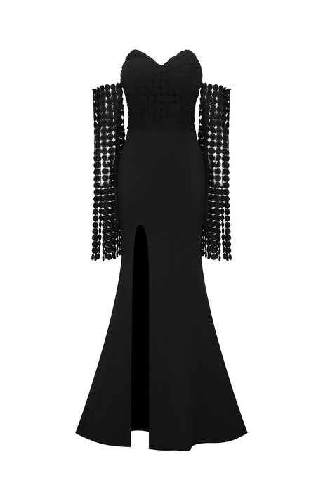 Lesly Black Strapless Maxi Dress with Thigh-High Slit and Embellishments