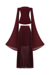 Lesly Burgundy Off-the-Shoulder Ruched Maxi Dress with Long Sleeves