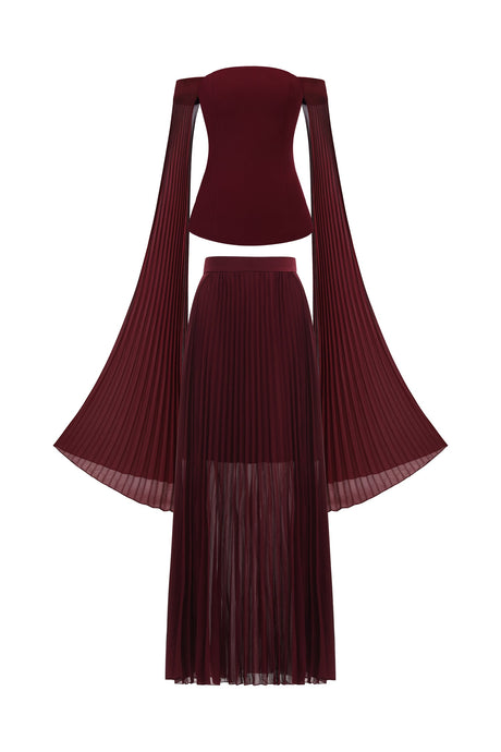 Lesly Burgundy Off-the-Shoulder Ruched Maxi Dress with Long Sleeves