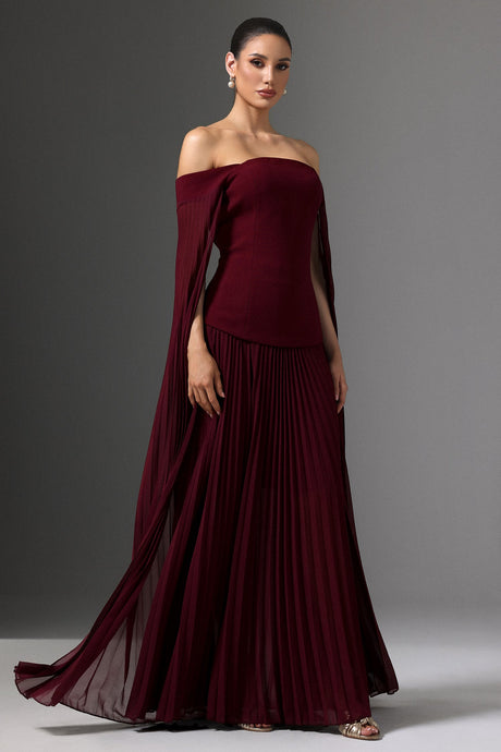Lesly Burgundy Off-the-Shoulder Maxi Dress with Ruched Waist and Pleated Skirt