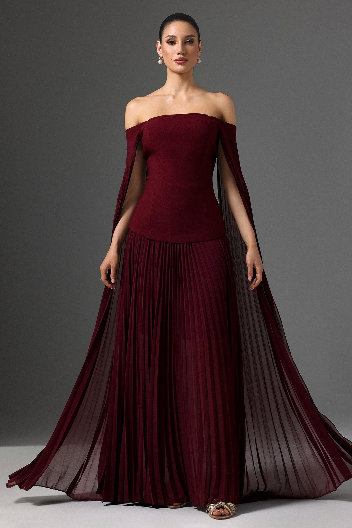 Lesly Burgundy Off-Shoulder Ruched Maxi Dress