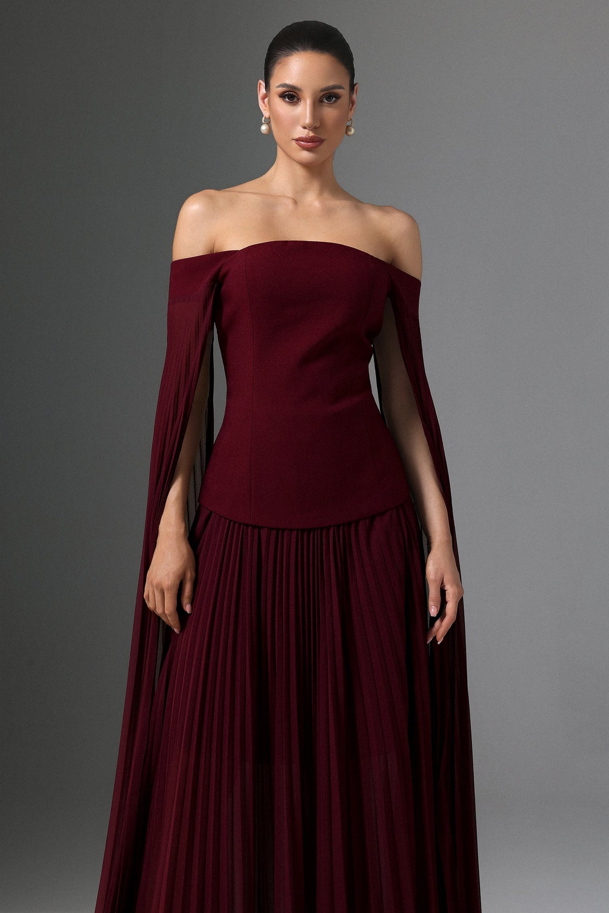 Lesly Burgundy Off-Shoulder Ruched Maxi Dress