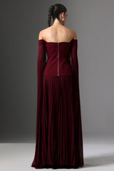 Lesly Burgundy Off-the-Shoulder Ruched Maxi Dress with Long Sleeves