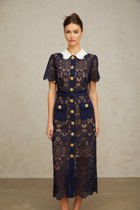 Lesly Floral Midi Dress in Dark Blue with Intricate Crochet Lace & Belted Waist