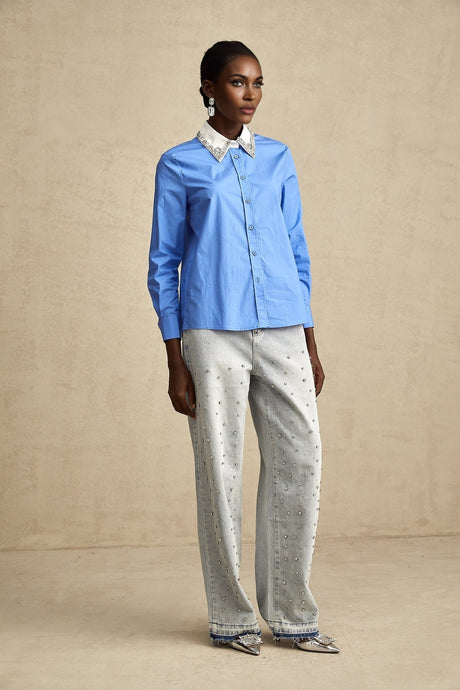 Lesly Shirt Blue Rhinestone Color Block Embellished & Chic