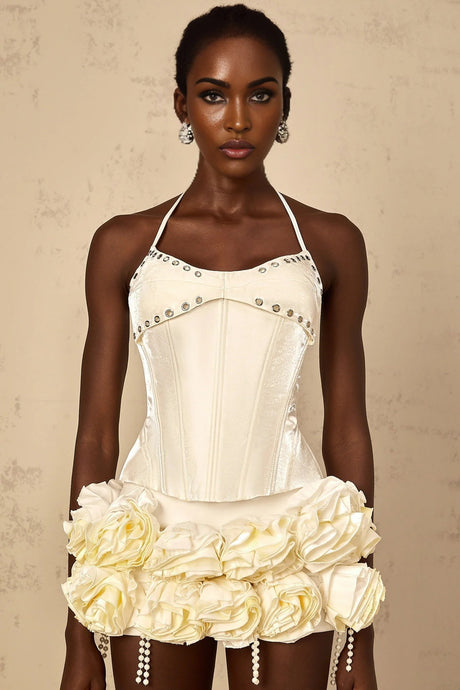 Lesly Top & Skirt Set White Floral Corset Embellished