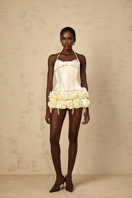 Lesly Top & Skirt Set White Floral Corset Embellished