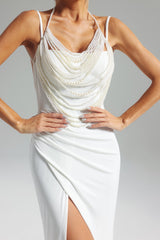 Lesly White Maxi Dress with Pearl Detailing and High Slit