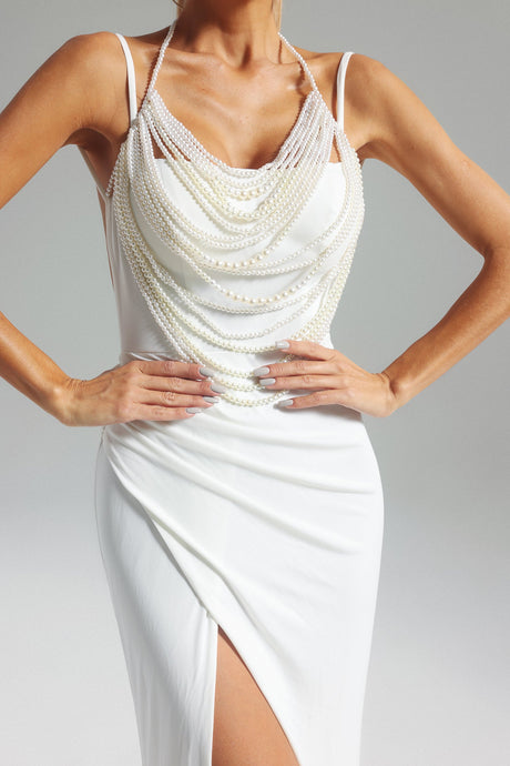 Lesly White Maxi Dress with Pearl Detailing and High Slit