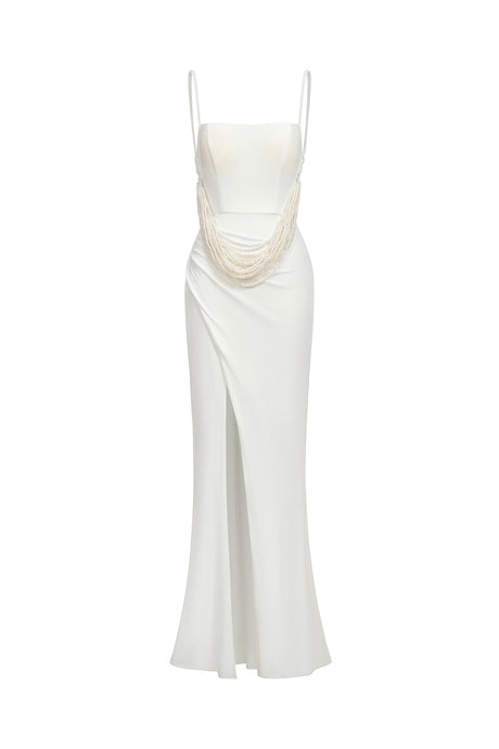 Lesly White Maxi Dress with Pearl Detailing and High Slit for Evening Events