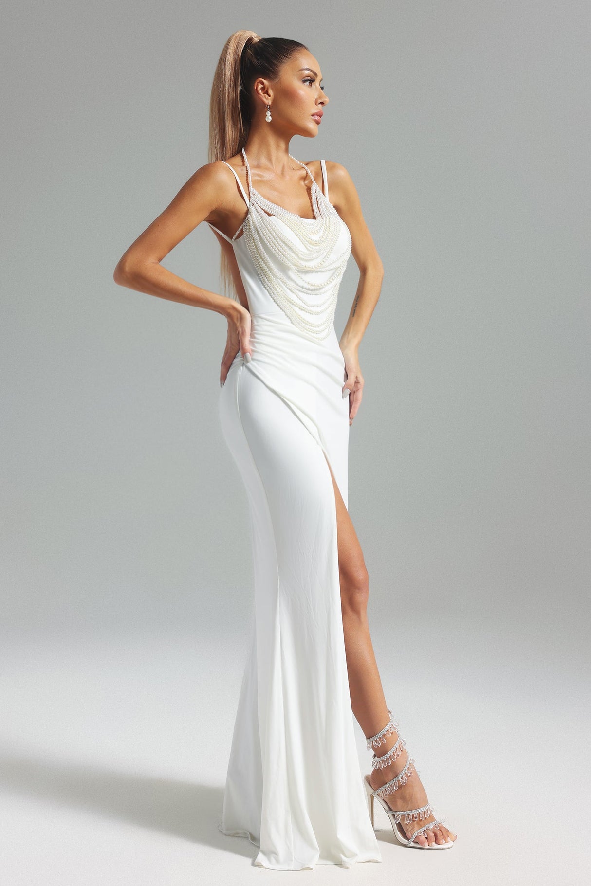 Lesly White Pearl Detail Maxi Dress with High Slit for Evening Events