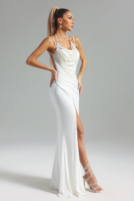 Lesly White Pearl Detail Maxi Dress with High Slit for Evening Events