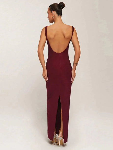 Letizia Maxi Dress - High Stretch Fabric Elasticity - Slim Fit Type - Sleeveless Design - Boat Neckline - Natural Waist Line - Violet Color