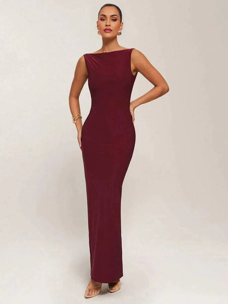 Letizia Maxi Dress - High Stretch Fabric Elasticity - Slim Fit Type - Sleeveless Design - Boat Neckline - Natural Waist Line - Violet Color