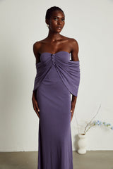 Letizia Midi Dress with Off Shoulder & Ruched Details in Purple