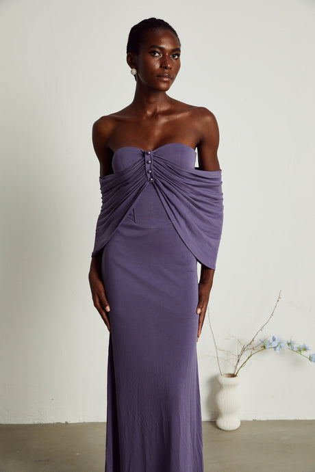 Letizia Midi Dress with Off Shoulder & Ruched Details in Purple
